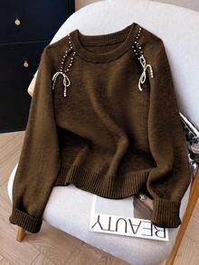 Franclia Loose Fit Women's Beaded Hollow-Out Raglan Sleeve Sweater - Coffee Brown - View 5