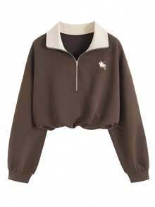 Airaco 复古美式拉链刺绣休闲百搭长袖套头卫衣 - 咖啡棕 - 查看 5