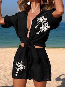 Swim Vcay 春夏新款优雅秋季单件编织纯色椰树图案装饰短裤，度假风女士泳装下装