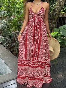 SHEIN Unity Pink Digital Print Fitted Waist Backless Halter Neck Vacation Style French V-Neck Dress - Multicolor - View 3