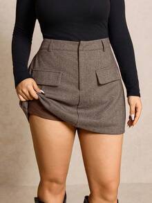 Elaquor Plus Size Women's Herringbone Pattern Versatile Casual Commute Mini Skirt - Camel - View 1