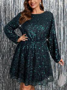 Reflora Plus Size Women Boat Neck Sequin Bowknot Back Decor Dress, Fashionable For Daily Wear And Party - Dark Green - View 5