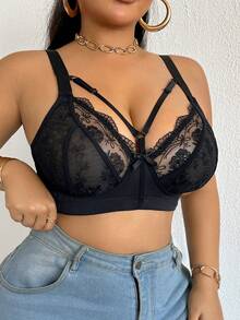 1pc Plus Size Wireless Mesh Embroidered Bra - Black - View 10