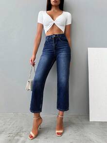 EURMUSE 女士纯色口袋休闲直筒牛仔裤 - 深色水洗藍 - 查看 5