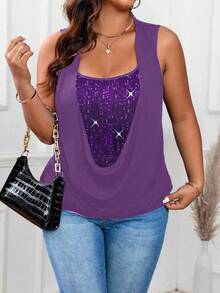 EMERY ROSE 大码方领针织上衣，简约无袖二合一柔软针织亮片拼接收腰宽松领休闲日常穿着吊带背心 - 紫色 - 查看 3