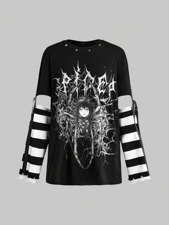 maglietta da donna con stampa di ragazza anime orrore cartoni animati in 2 in 1