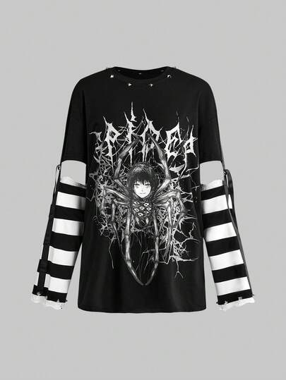 ROMWE Anime Horror Cartoon Girl 2 In 1 Women T-Shirt