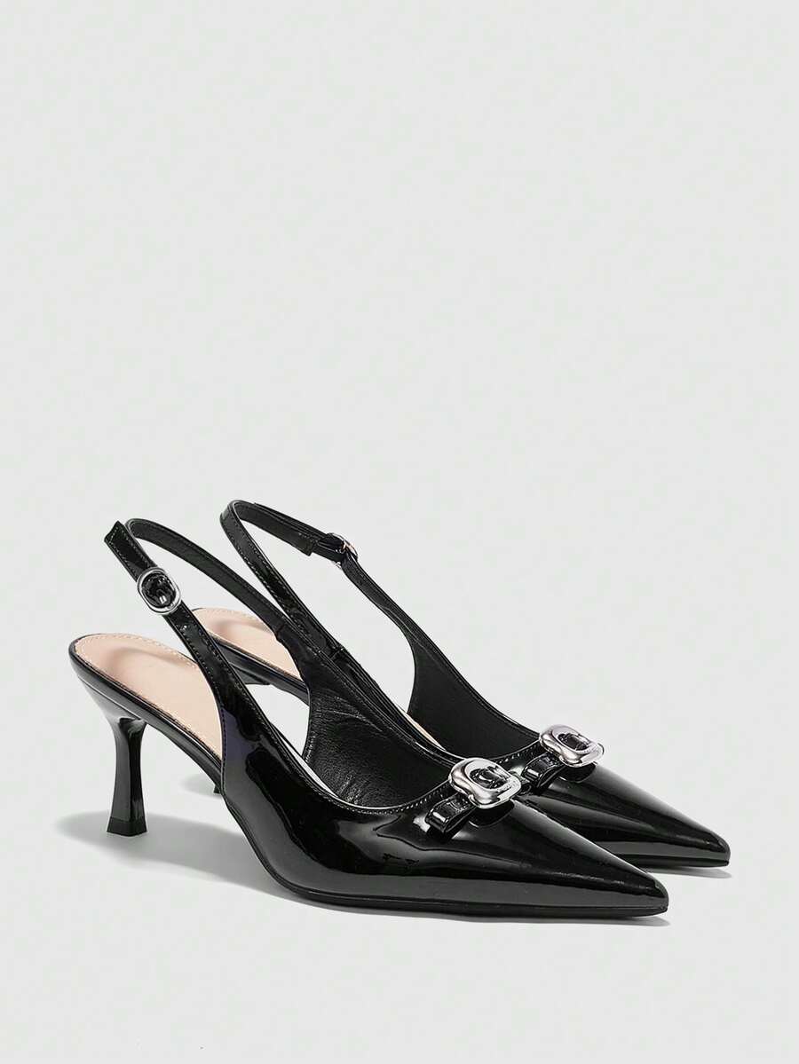 CUCCOO BIZCHIC 女士时尚优雅金属装饰尖头高跟鞋，适合通勤 - 黑色 - 查看 1