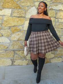 Truni Awkwardfatgirl Plus Size Vintage Plaid Pleated A-Line Skirt, For Pear Triangle Body Shape - Brown - View 3