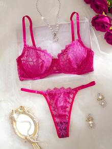 SHEIN Esselle 2件套蕾丝拼接女士钢圈性感文胸和内裤内衣套装 - 玫紅色 - 查看 4