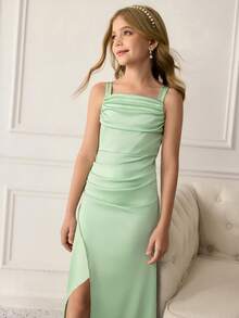 Tween Girls Elegant Satin Slip Dress With Waist Cinching Design, Luxurious Sexy High Slit, Light Green - Green - View 1