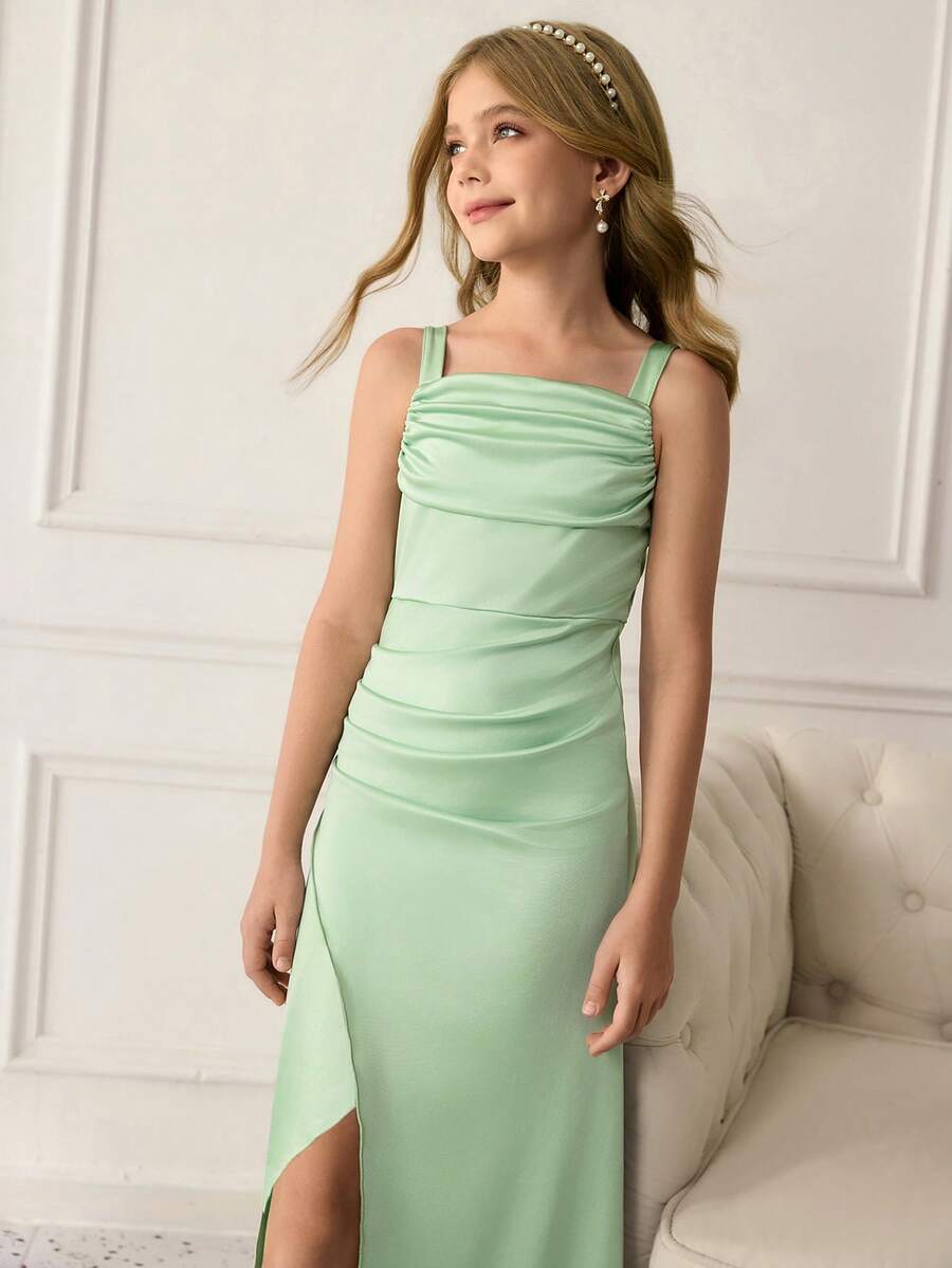 Tween Girls Elegant Satin Slip Dress With Waist Cinching Design, Luxurious Sexy High Slit, Light Green - Green - View 1