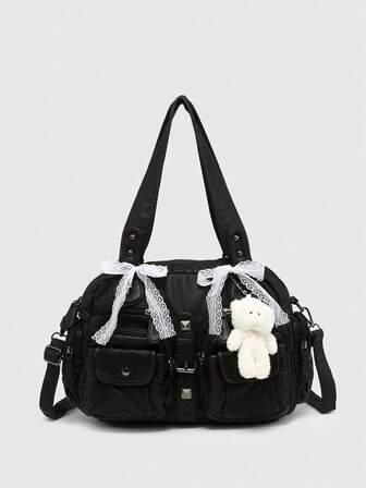 Kawaii Women's Retro Distressed Gradient Cross & Heart Pendant Decoration Bowknot Strap Tote Bag, Large Capacity Shoulder Bag With Multiple Pockets