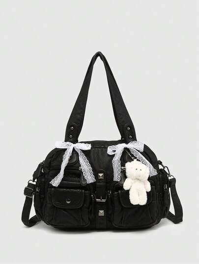 Kawaii Bolso de mano de mujer con correa de lazo, decoración de cruz y corazón degradado vintage, de gran capacidad y con múltiples bolsillos