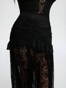 Breakform Women's Gothic Style Sexy Elastic Waist Solid Color Knitted Fabric Contrast Lace Ruffle Hem High Slit Skirt Black Lace See Through Skirt Gothic Black Skirt Cover Up - Black - View 7
