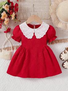 SHEIN Baby Girls' Ruffle Collar Puff Sleeve A-Line Dress Red And White Summer Cute Elegant Birthday Party Gown With Side Pleats Infant Fashion Photo Shoot - Red - View 1
