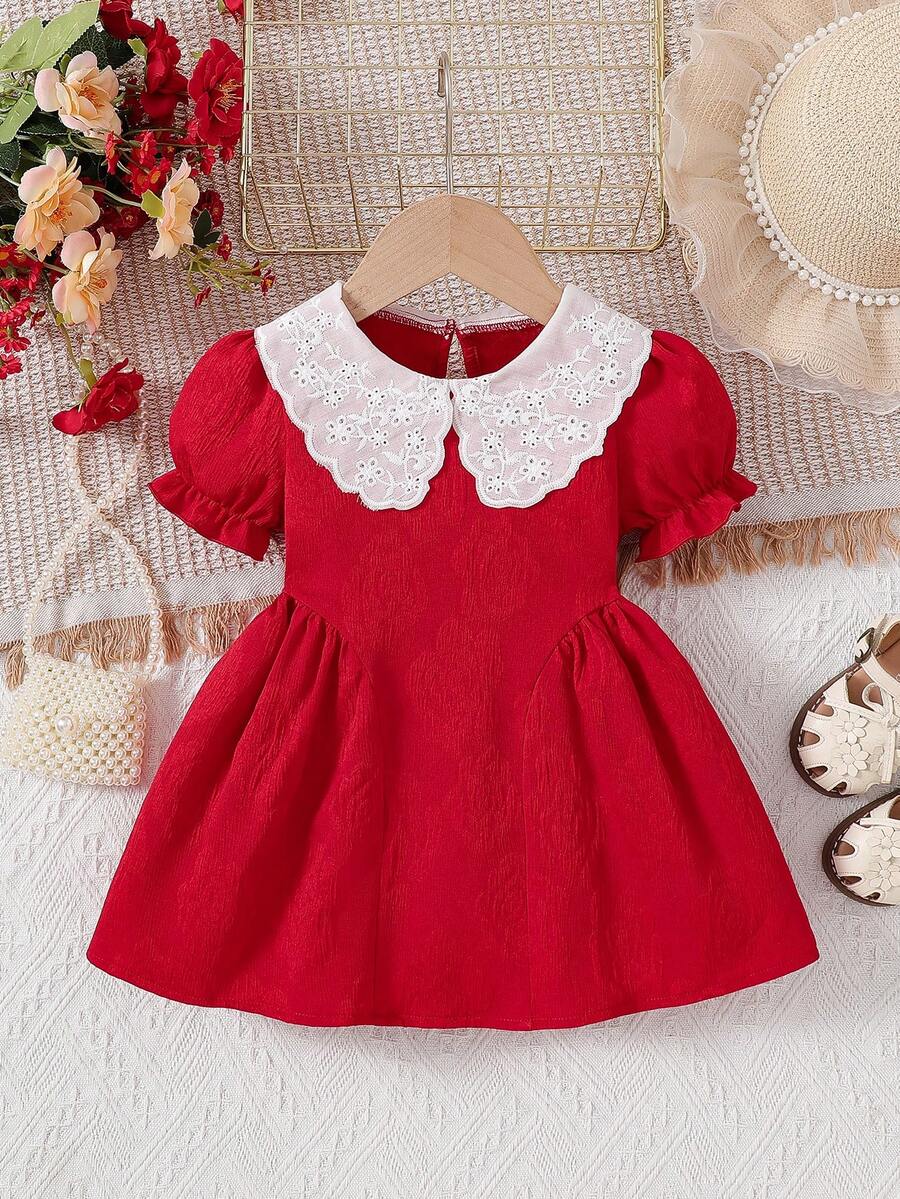 SHEIN Baby Girls' Ruffle Collar Puff Sleeve A-Line Dress Red And White Summer Cute Elegant Birthday Party Gown With Side Pleats Infant Fashion Photo Shoot - Red - View 1