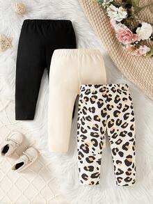 SHEIN Bộ 3 món quần legging thời trang họa tiết da báo cho bé gái, chất liệu vải dệt kim màu trơn thoải mái, thích hợp cho mùa xuân và mùa thu, mặc hàng ngày và hoạt động ngoài trời. - Màu Khaki - Xem 2
