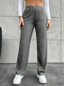 Pantalones rectos de unicolor informales de talla grande - Gris - Ver 2