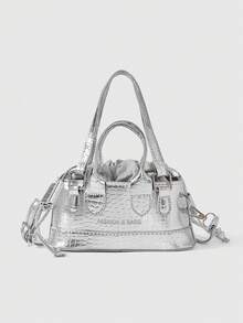 ROMWE Grunge Punk Lightweight,Business Casual Mini Metallic Crocodile Embossed Drawstring Design Novelty Bag For Teen Girls Women College Students,Rookies & White-Collar Workers Perfect For Office,College,Work,Business,Commute,Outdoors,Travel,Outings, Funky, Punk & Bag For Street Wear - Silver - View 1