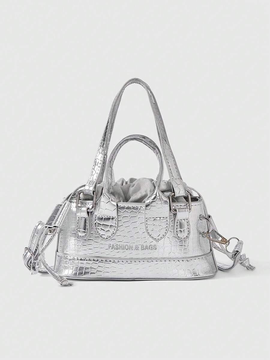 ROMWE Grunge Punk Lightweight,Business Casual Mini Metallic Crocodile Embossed Drawstring Design Novelty Bag For Teen Girls Women College Students,Rookies & White-Collar Workers Perfect For Office,College,Work,Business,Commute,Outdoors,Travel,Outings, Funky, Punk & Bag For Street Wear - Silver - View 1