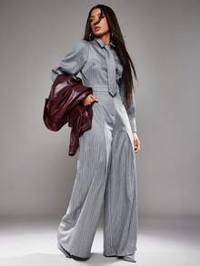NYA SZN Jumpsuit Long Sleeve Wide Leg Baggy Button Up Collar Tie Detail Grey Black Festive Holiday Valentines Day Business Casual Office Siren Event Party Special Occasion Carnival Outfits For Women - Grey - View 4