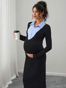SHEIN Abito da donna in stile maternità, a maniche lunghe, con colletto, a righe, aderente e di stile - nero - Visualizzare 5
