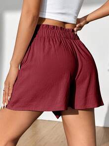 SHEIN MOOSTA 女士纯色宽松休闲荷叶边腰部短裤 - 酒紅色 - 查看 2