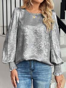 SHEIN LUNE 女士宽松圆领箔褶喇叭袖衬衫 - 銀色 - 查看 3