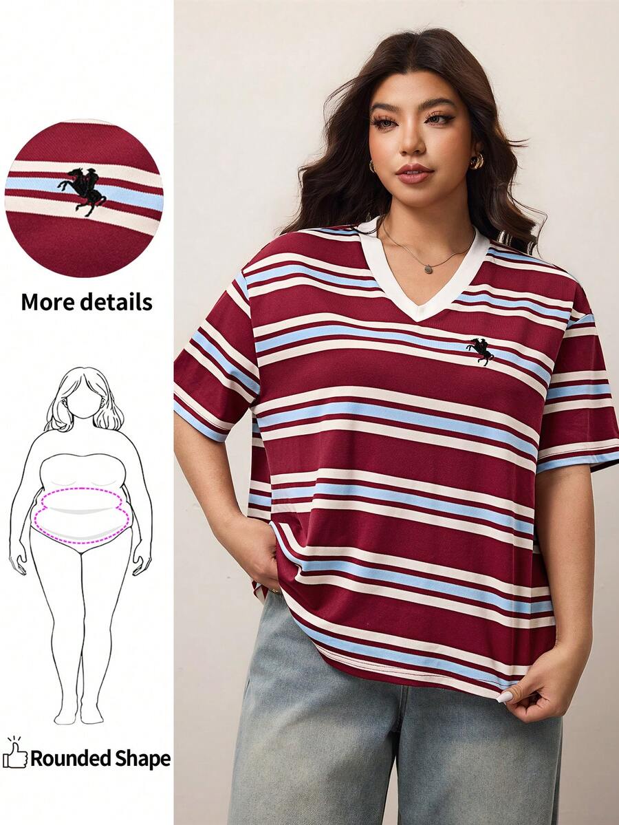 Enliva 大码女式返校休闲梅洛红撞色条纹短袖T恤，绣马图案，V领宽松短袖T恤，适合2026新年，苹果型和圆润身材 - 彩色 - 查看 1