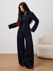 SHEIN PETITE Women's Fashionable Commuter Jacket And Wide-Leg Jeans Set, Autumn Winter Sexy Vintage-Inspired Fashionable Waist-Defining Top Straight-Leg Pants With Elastic Waistband At Back Dark-Wash Denim Two Pieces Set - Dark Wash - View 3