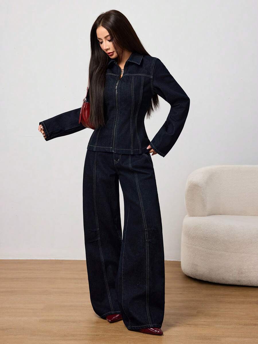 SHEIN PETITE 女士时尚通勤夹克和阔腿牛仔裤套装，秋冬季性感复古风时尚收腰上衣搭配后腰松紧带直筒裤，深色水洗牛仔两件套 - 深色水洗藍 - 查看 1