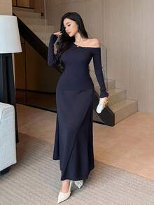 DAZY Women's Solid Color Fitted Asymmetrical Shoulder Long Sleeve Sweater & A-Line Long Skirt Elegant Party Outfit, 2 Piece Set, Autumn/Winter - Navy Blue - View 7