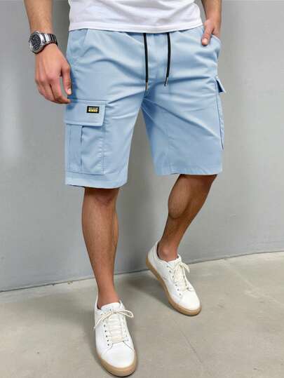 Manfinity Homme 男士纯色弹力腰带抽绳口袋工装短裤 街头风男士短裤 男士工装短裤 浅蓝色男士短裤 男士水洗藏蓝色宽松工装休闲短裤 男士短裤口袋