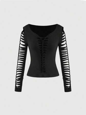 Grunge Punk Metall Punk zerrissenes Cut Out Twist Design V-Ausschnitt Sexy enge T-Shirt