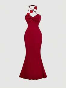 SHEIN MOD 女士纯色简约日常3D立体花卉装饰连衣裙 - 酒紅色 - 查看 3