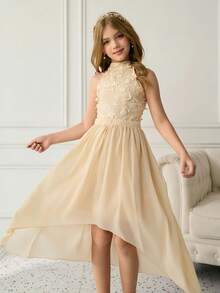 优雅雪纺连衣裙，适合少女穿着，修身露背设计，适合晚宴、圣诞节、万圣节、婚礼、舞会、度假、毕业典礼等场合。 - 杏色 - 查看 7