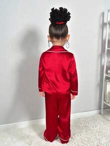 Young Girl Contrast Color Collar Shirt And Casual Pants Set, Autumn/Winter Pajama Set, Collegiate Style, Comfortable Loungewear Set - Red - View 2