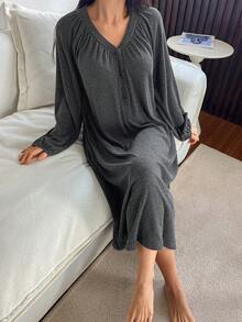 DAZY 秋冬季简约半开襟褶裥灯笼袖长款女士睡裙 - 深灰色 - 查看 3