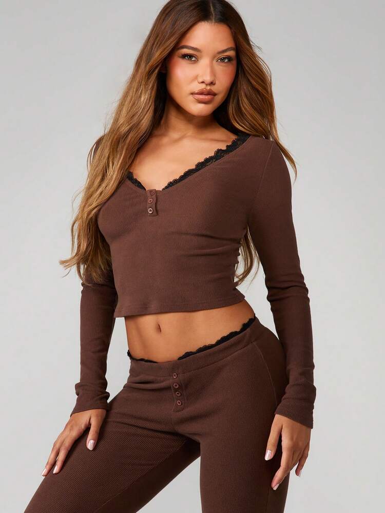 MISSGUIDED Ribbed Long Sleeve V-Neck Tee With Black Lace Trim Button Front Detail Cropped Henley Top