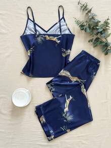 Women Leopard Print Camisole Top And Pants Pajama Set, Comfortable