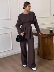 Dazy Tall Bộ đồ du lịch hai mảnh dành cho nữ: áo cổ tròn thắt eo và quần ống rộng. - Cà phê nâu - Xem 7