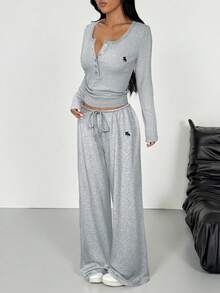 SHEIN EZwear 女款休閒針織上衣與長褲套裝，淺灰色居家服，棉質舒適兩件套，適合秋冬的舒適保暖服飾 - 淺灰色 - 查看 3