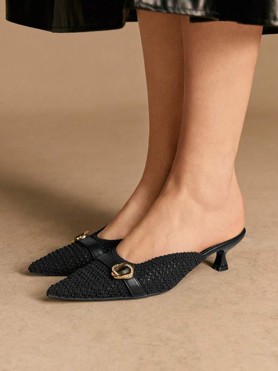 Rosivie Giày cao gót mũi nhọn thanh lịch có khóa cho nữ, thích hợp để đi làm - màu đen - Xem 1