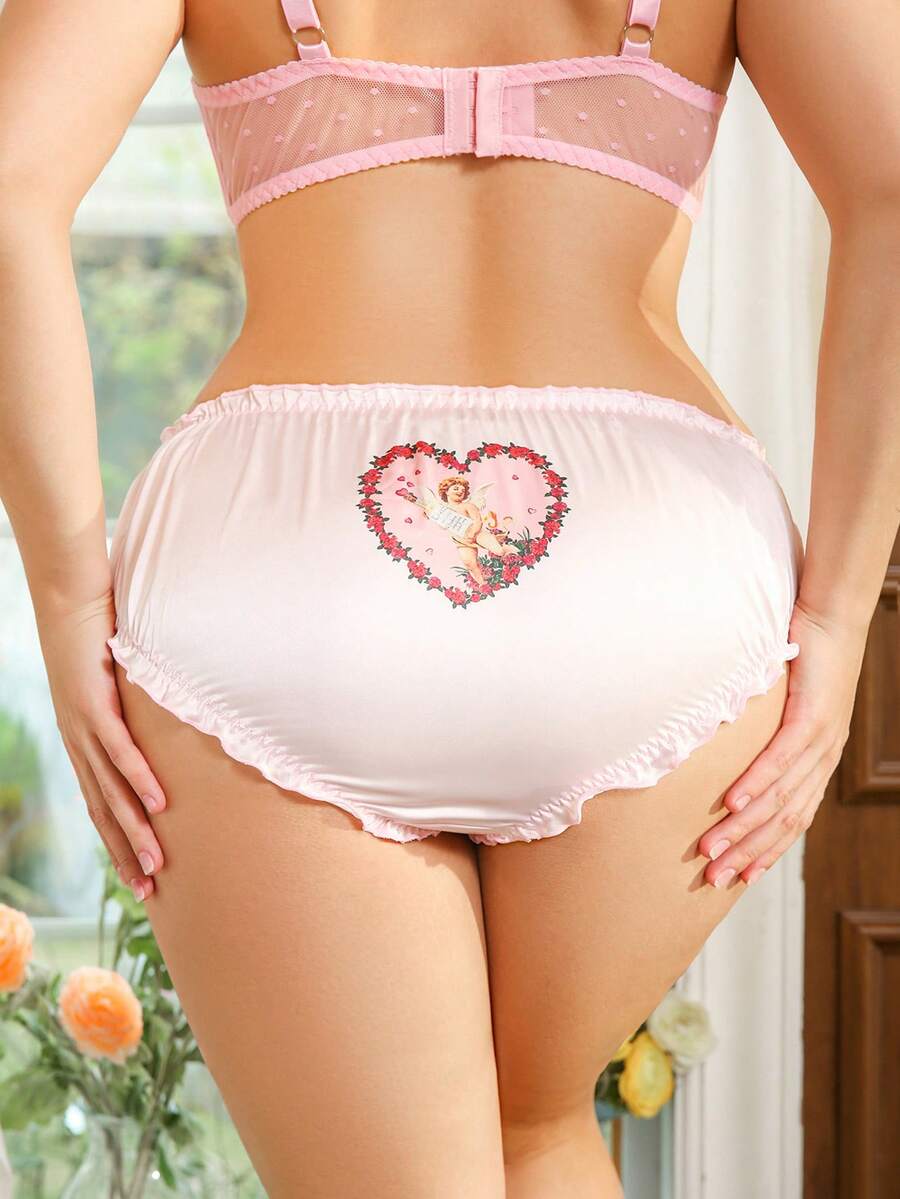 FloralLove Plus Size Women's Heart Print Ruffle Trim Fashion Panties - Pink - View 1