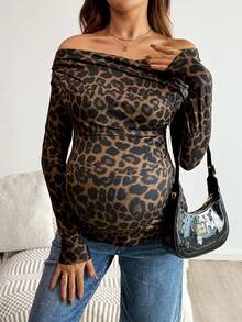 SHEIN Spring Fall ,Autumn ,Maternity Casual Woman, Fall ,Autumn ,Pregnant Women's Casual Chic Leopard Print Overlap Off Shoulder Fitted Long Sleeve T-Shirt, Spring/Autumn Leopard Print Top Cheetah Print Tops Women's Long Sleeve Top Maternity Long Sleeve Top - Brown - View 2