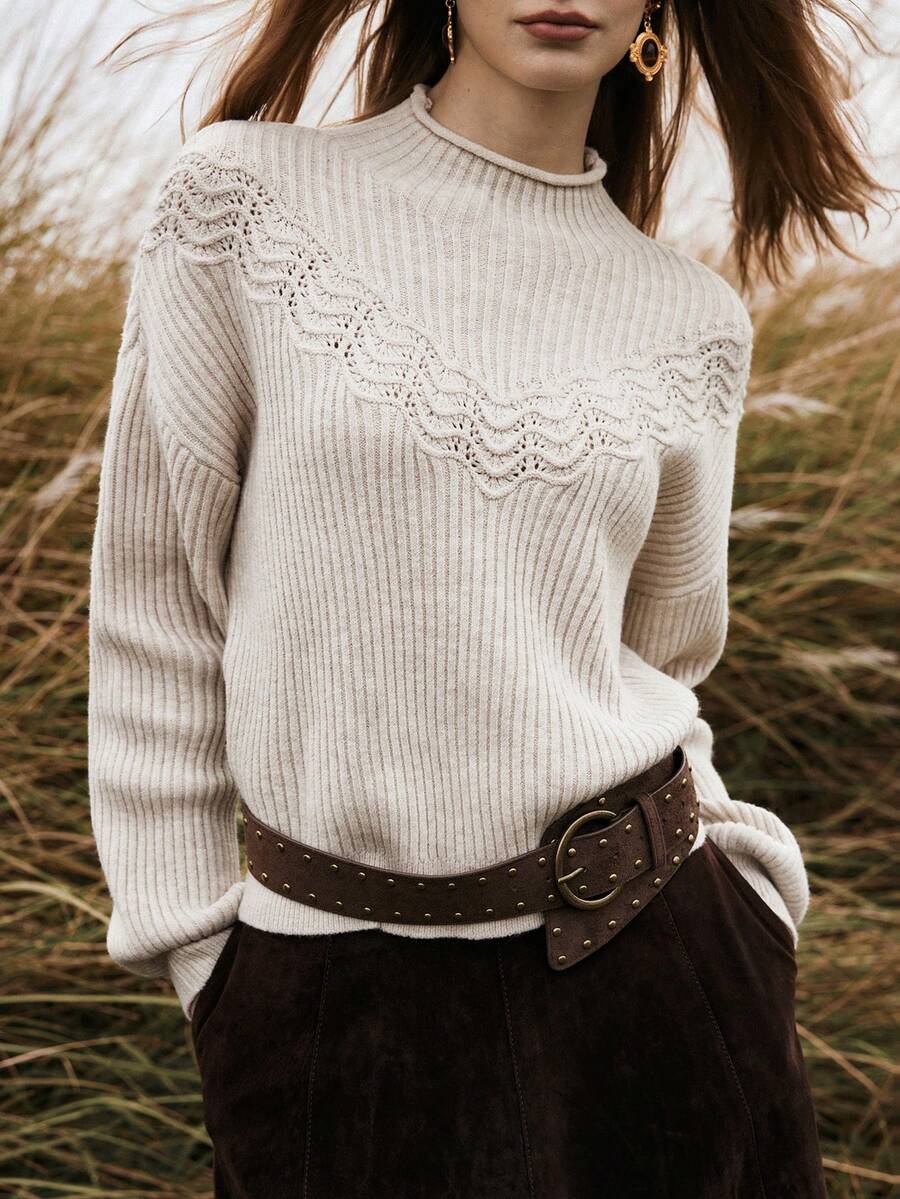 Florisole Women's Stand Collar Drop Shoulder Long Sleeve Casual Loose Sweater, Autumn/Winter - Apricot - View 1