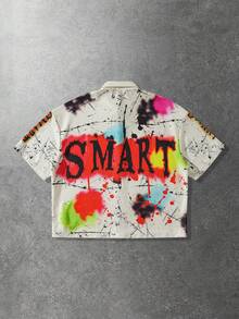 ROMWE MEN 男士印花短袖衬衫，宽松版型 - 杏色 - 查看 2