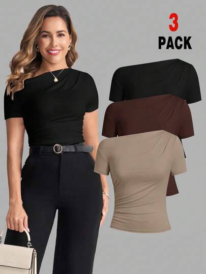 Ellevyn Camiseta de moda de manga corta con hombros oblicuos y ajustada de unicolor para mujer, verano