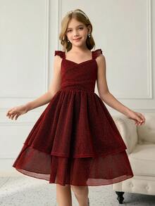 Tween Girls' Elegant, Classy, Burgundy Sleeveless V-Neck Ruffle Hem Dress With Metallic Threads, Waist Cinched Design, & Luxurious - Burgundy - View 7